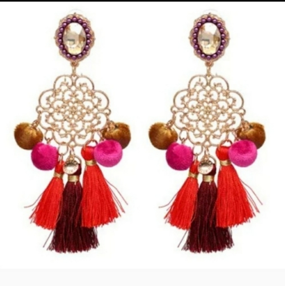Beautiful Red Boho Pom Pom Earrings